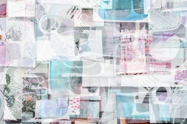 Soyut arkaplan, renkli kağıt parçalarının sanat kolajı. Renkli boya desenleri, grafik çizgiler ve şekiller, düzen için örnekler