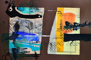 Soyut arkaplan, renkli kağıt parçalarının sanat kolajı. Kahverengi boya desenleri, grafik çizgiler ve şekiller, düzen için örnekler