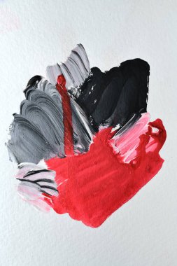 Soyut yaratıcı sanat, kaotik kırmızı boya vuruşları beyaz kağıt üzerinde, modern baskı deseni arka plan