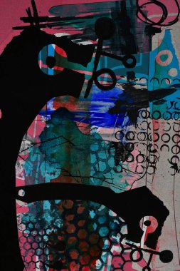 Soyut yaratıcı sanat kolajı, kaotik vuruşlar, lekeler, kağıt üzerindeki boya çizgileri, modern baskı desenleri