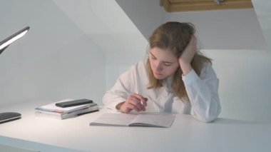 Beyaz tişörtlü liseli kız elinde not defterleri, ders kitapları, akıllı telefon ve dizüstü bilgisayarla masada oturuyor, ödev yapıyor, internetten öğrenim görüyor.