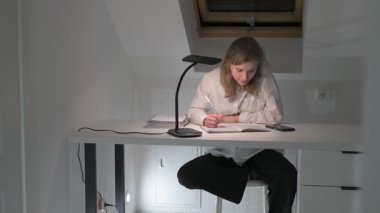 Beyaz tişörtlü liseli kız elinde not defterleri, ders kitapları, akıllı telefon ve dizüstü bilgisayarla masada oturuyor, ödev yapıyor, internetten öğrenim görüyor.