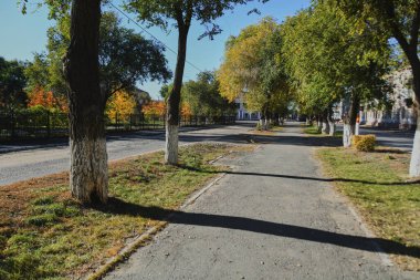 Küçük bir kasabanın sonbahar manzarası. Turuncu yapraklarla kaplı köy evleri ve yollar