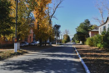 Küçük bir kasabanın sonbahar manzarası. Turuncu yapraklarla kaplı köy evleri ve yollar