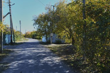 Küçük bir kasabanın sonbahar manzarası. Turuncu yapraklarla kaplı köy evleri ve yollar