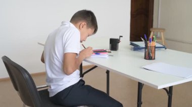 Evde eğitim görmüş bir öğrenci ev ödevini yapar. Çocuk ders kitapları ve renkli kalemlerle masada oturuyor.