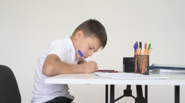 Evde eğitim görmüş bir öğrenci ev ödevini yapar. Çocuk ders kitapları ve renkli kalemlerle masada oturuyor.