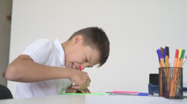 Evde eğitim görmüş bir öğrenci ev ödevini yapar. Çocuk ders kitapları ve renkli kalemlerle masada oturuyor.