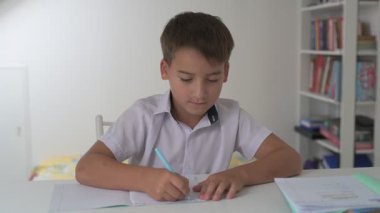 Küçük okul çocuğu ödev yapıyor, kalemle deftere yazıyor.