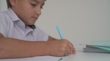 Küçük okul çocuğu ödev yapıyor, kalemle deftere yazıyor.