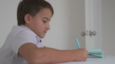 Küçük okul çocuğu ödev yapıyor, kalemle deftere yazıyor.