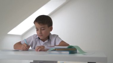 Küçük okul çocuğu ödev yapıyor, kalemle deftere yazıyor.