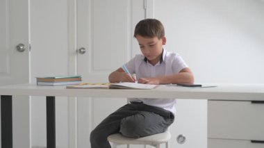 Küçük okul çocuğu ödev yapıyor, kalemle deftere yazıyor.