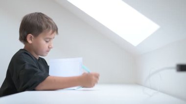 Küçük okul çocuğu ödev yapıyor, kalemle deftere yazıyor.