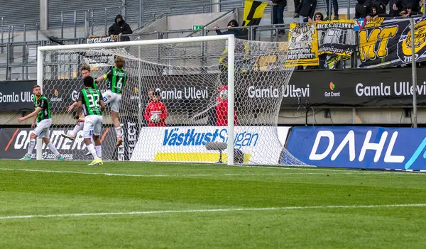 April 21th, 2024: Kiilerich Rask scores the equaliser for Mjallby in game vs GAIS in Swedish football league. 