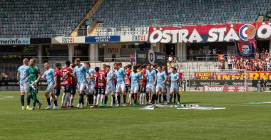 June 2nd, 2024: Players in Orgryte IS and Gefle IF shaking hands before kickoff in round 11 of Superettan. Final result 3-0.