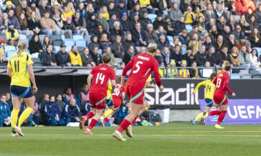Göteborg, İsveç. 8 Nisan 2025. Gamla Ullevi Milletler Ligi 'nde İsveç ve Galler arasındaki maçın ikinci yarısında. 