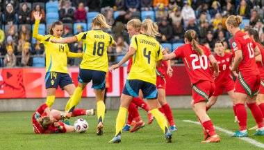 Göteborg, İsveç. 8 Nisan 2025. Gamla Ullevi Milletler Ligi 'nde İsveç ve Galler arasındaki maçın ikinci yarısında. 