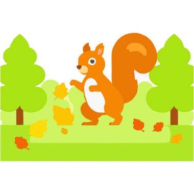 Doğal orman ortamında yiyecek toplayan şakacı bir sincap..