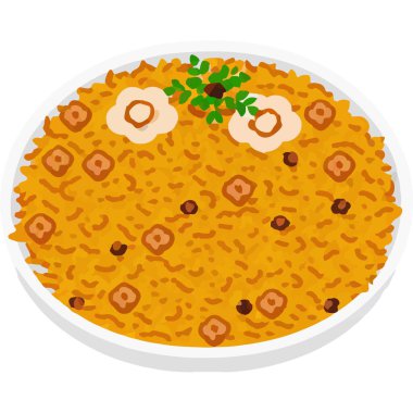 Geleneksel aromatik Hint yemeği baharatlı pirinç ve et, lezzet ve mutfağı sembolize eder..