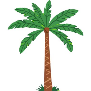 Palmiye ağaçları ve açık mavi gökyüzüyle rahatlatıcı bir tropikal plaj sahnesi, yaz tatili için mükemmel..