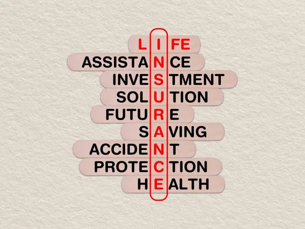 konsept kelime hayat sigortası, tahta çubuğa yazılmış çapraz bulmaca, fotokopi alanı ile iş hayatı sigortası kavramı