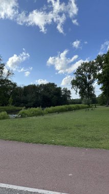 Bereketli yeşil ağaçlar ve çimenler, bulutlu mavi gökyüzünün altında sakin bir orman, gölün kenarında vakit geçiren ördekler, bisiklet yolu, doğa parkında çekilen bu fotoğraf doğanın güzelliğini vurguluyor.