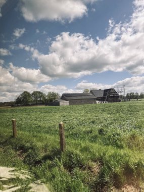 Trenin yolcu penceresinden doğanın ve bulutlu gökyüzünün görüntüsü