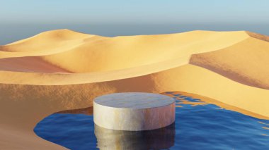 Soyut boş dairesel platform, kozmetik ürün sergisi için çölde yuvarlak podyum. Yayalar, sahne, gösteri, dış mekan 3D görüntüleme. 4k arkaplan duvar kağıdı illüstrasyonu.