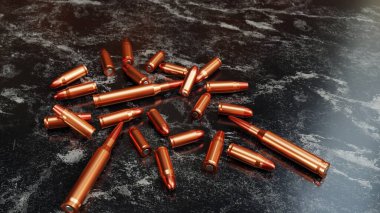 Karanlık zemine yerleştirilmiş tabanca mermileri. Tüfek fişekleri 3D yakın plan. Askeri silah savaş konsepti 8k duvar kağıdı illüstrasyonu.