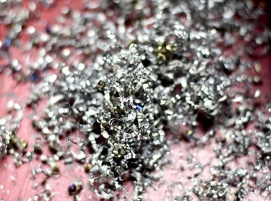 Paslanmaz Çelik Kırıntıları 'nın üst görünümü ve metal kırıntılarının dokusu Tayland' da alüminyum artıkları soyut endüstri arkaplanı.