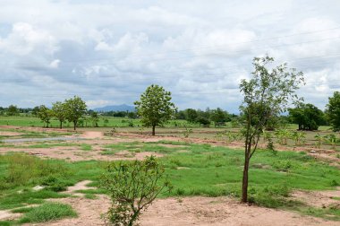 Tayland 'da ağaçlarla ve doğal mavi gökyüzü arka planına sahip dağlarla dolu engin boş arazinin manzarası.