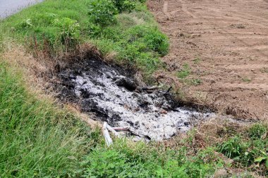 Yolun kenarındaki çimenler ve ölü yapraklar ve Tayland 'daki boş arazi arkaplanından küllerin yakılması.