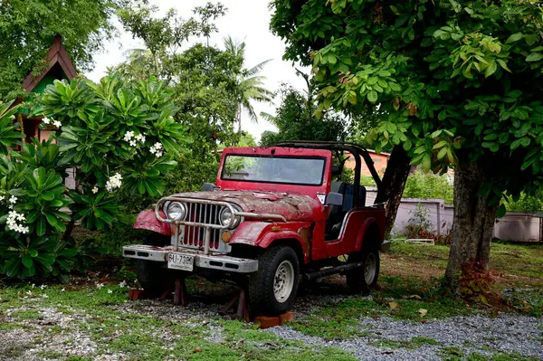 stock image UTTARADIT, THAILAND - July 2, 2024: Old Red Jeep unavailable parked for display to decorate the garden with natural background at Thailand.