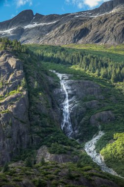 Alaska 'da bir fiyortta dağlardan akan şelale.