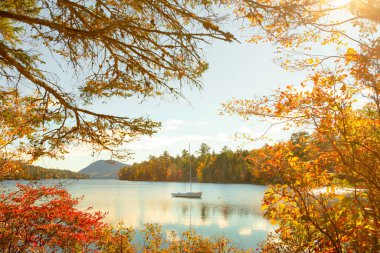 Maine, Acadia Ulusal Parkı 'ndaki Long Pond' da bir yelkenliyle sakin, romantik bir manzara.