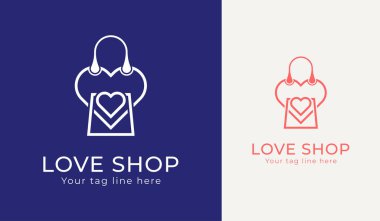 Minimum alışveriş çantası aşk logo vektör tasarımı basit logo şablonu. 