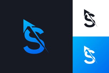 Minimal Harf S Arrow logo tasarımı tasarımı illüstrasyonu. soyut modern s ok tasarım şablonu.