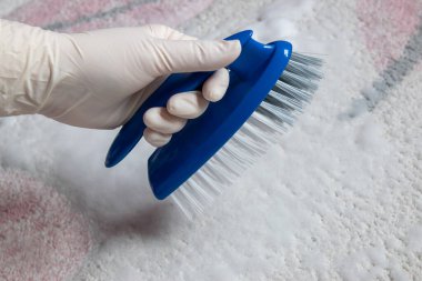 Temizlik için lastik eldiven ve fırça verin. Yerleri temizlemek için plastik mavi fırça. Ev temizliği kavramı.