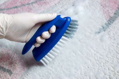 Temizlik için lastik eldiven ve fırça verin. Yerleri temizlemek için plastik mavi fırça. Ev temizliği kavramı.