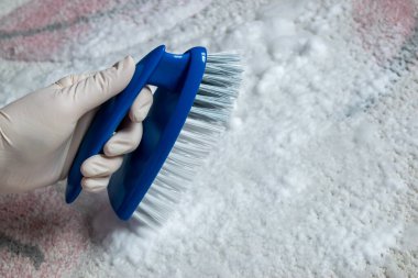 Temizlik için lastik eldiven ve fırça verin. Yerleri temizlemek için plastik mavi fırça. Ev temizliği kavramı.