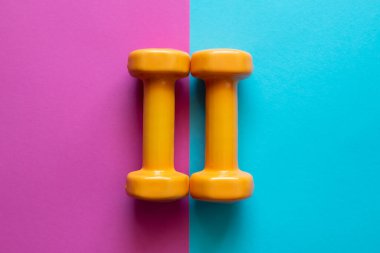 Pembe ve mavi arkaplanda fotokopi alanı olan iki turuncu dambıl. Yaz zamanı eğitim, spor ve etkinlik için bir araçtır.