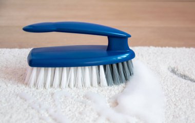 Yerleri temizlemek için plastik mavi fırça. Ev temizliği kavramı.