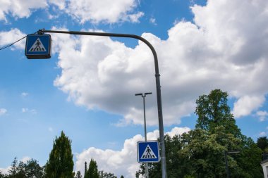 Metalik trafik şarkı söylüyor. Yaz yolu üzerinde, ağacın yanında, gökyüzü arka planında..