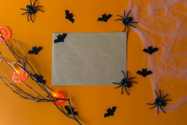 Cadılar Bayramı süslemeleri, balkabakları, yarasalar, ağ, turuncu arka planda böcekler. Fotokopi alanı olan Cadılar Bayramı partisi tebrik kartı. Düz yatış, üst görünüm.