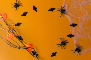 Cadılar Bayramı süslemeleri, balkabakları, yarasalar, ağ, turuncu arka planda böcekler. Kopya alanı olan parti tebrik kartı. 