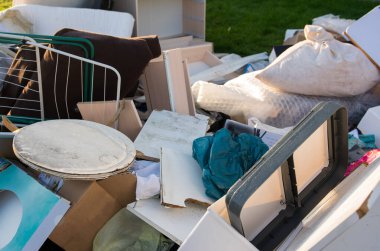 Ev yakınlarındaki bir şehirde çok fazla atık var. Eski ahşap mobilyaları, oyuncakları, kutuları, sokakta plastik torbaları ve Almanya 'da bahar güneşli çöplük gününde yeşil çimenleri olan büyük bir çöp.. 