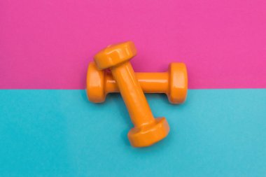 Pembe ve mavi arka planda iki turuncu dambıl. Yaz zamanı eğitim, spor ve etkinlik için bir araçtır.