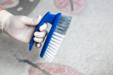Temizlik için lastik eldiven ve fırça verin. Plastik mavi fırça ve yerdeki temizlik için köpük. Ev temizliği kavramı.