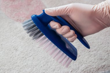 Temizlik için lastik eldiven ve fırça verin. Yerleri temizlemek için plastik mavi fırça.. 